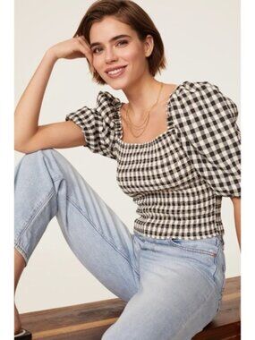 BB DAKOTA | Women's Black & White Gingham Puff Sleeve Top